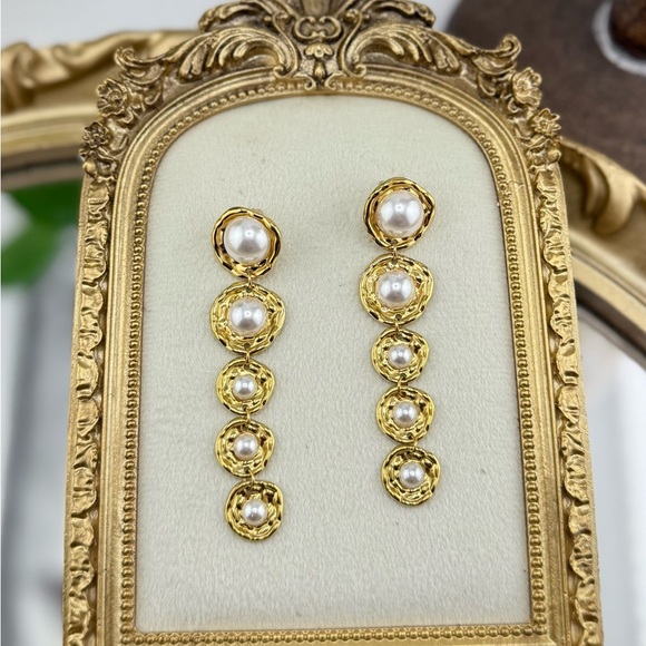 Gold Drop Earrings with Imitation Pearls – Stainless Steel, Real Gold Plated - Picture 14 of 17